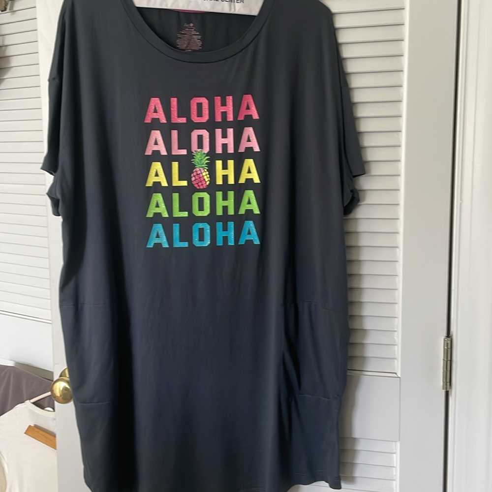 Tropical ALOHA sparkly Graphic - soft gray Nightshirt / swim coverup / pockets!